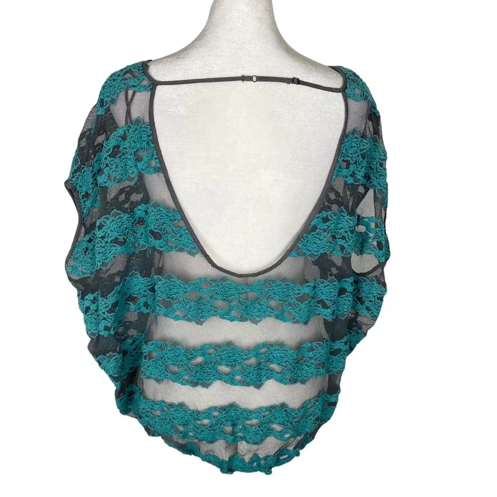 FREE PEOPLE Women Sheer Lace Country Fair Top Banded Waist Sz‎ S Teal 67-15